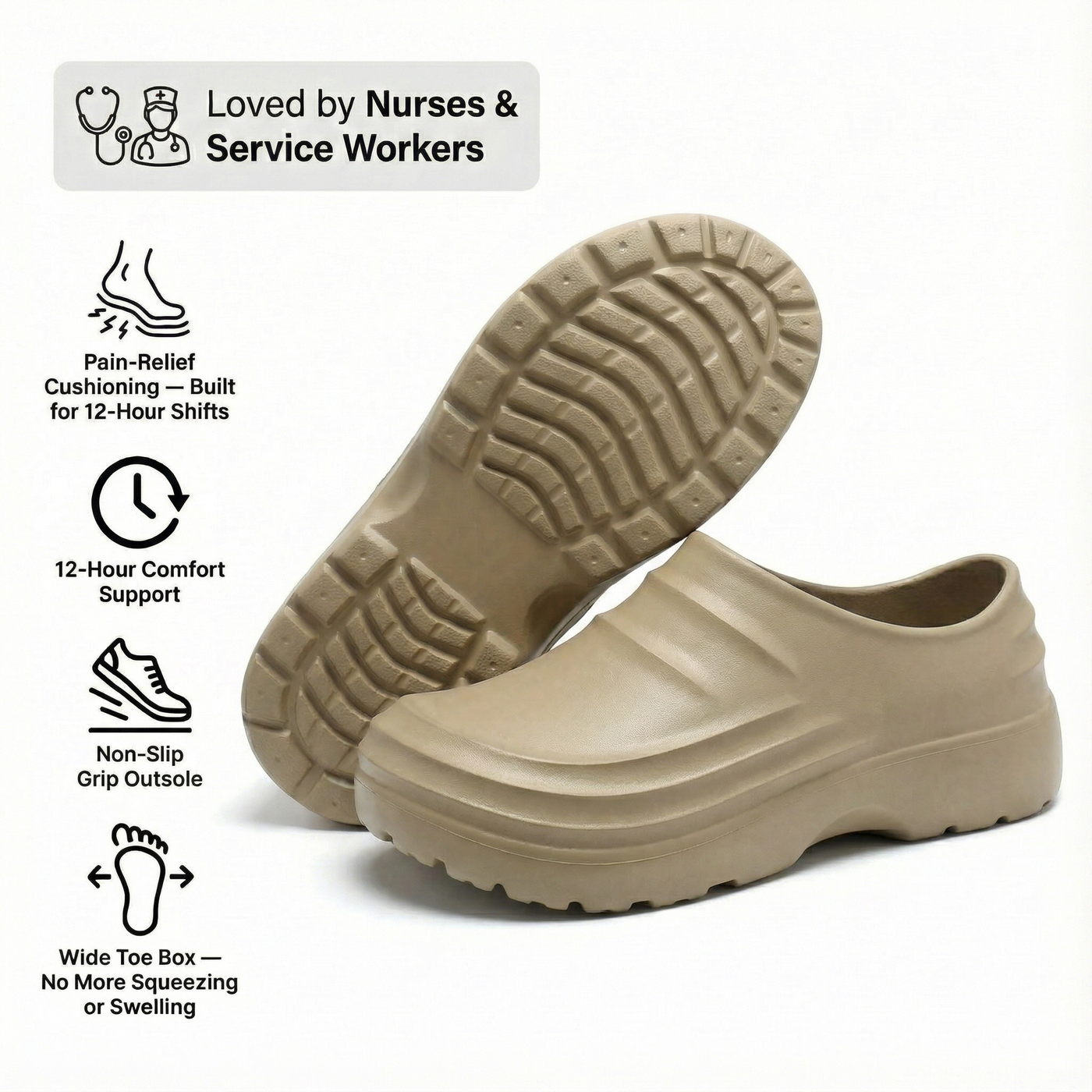 NursePro™ 12-Hour Shift Clogs – Built-In Arch Support for Plantar Fasciitis, Wide Toe Box, Non-Slip