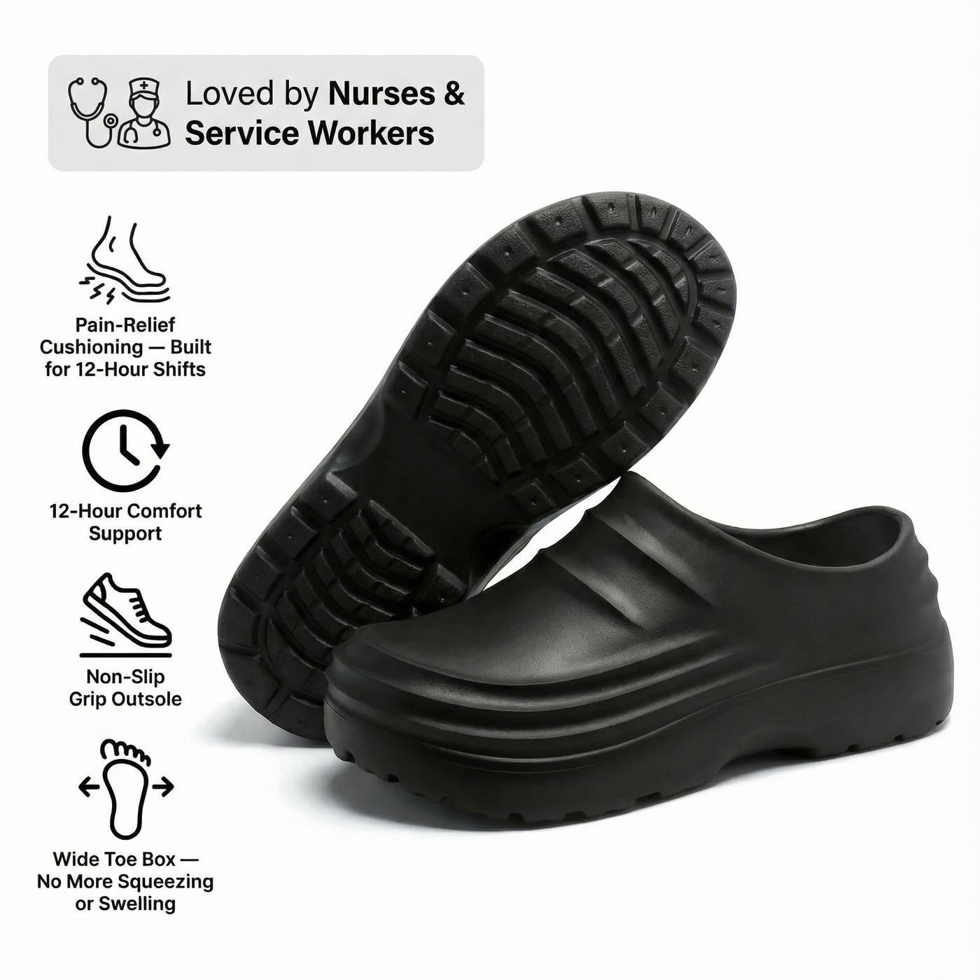 NursePro™ 12-Hour Shift Clogs – Built-In Arch Support for Plantar Fasciitis, Wide Toe Box, Non-Slip